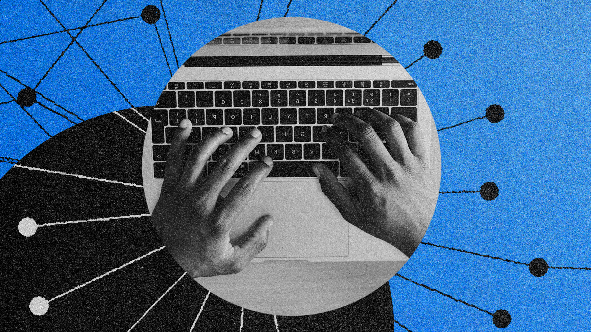 A black and white illustration of a person typing on a laptop within the workforce ecosystem.