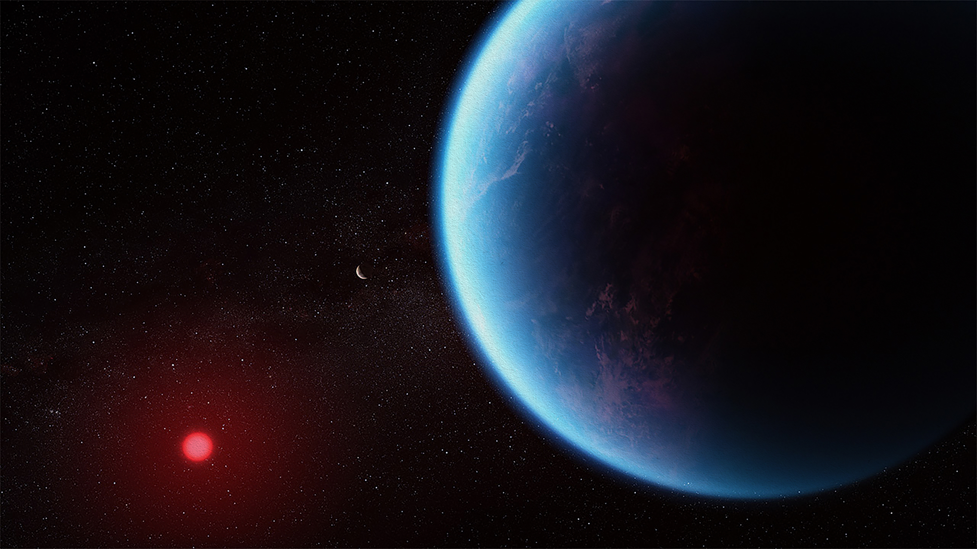 An artist's rendering of an alien planet and a red star.