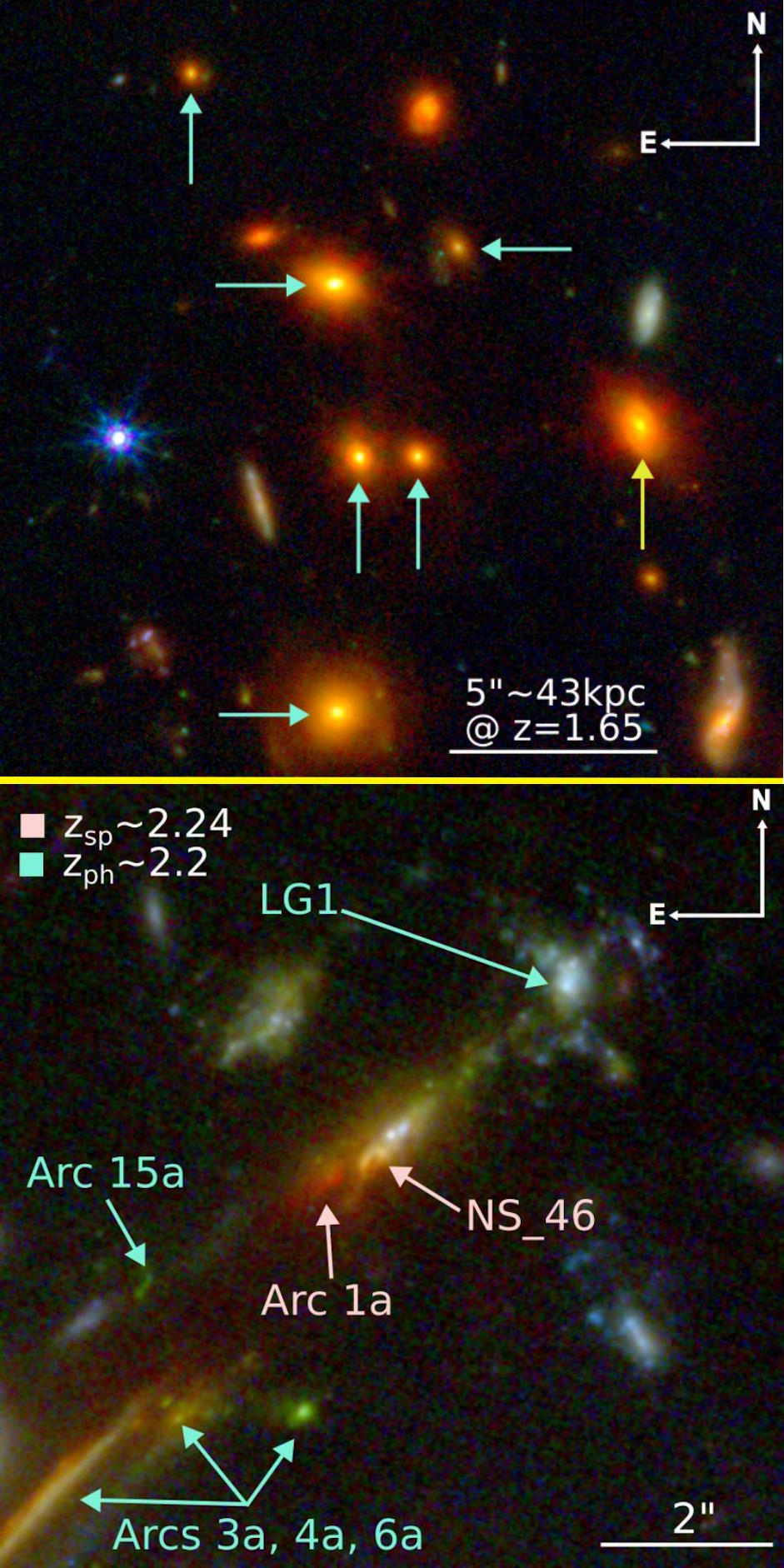 Two images of two galaxies, one with a red light and the other with a blue light taken by JWST.