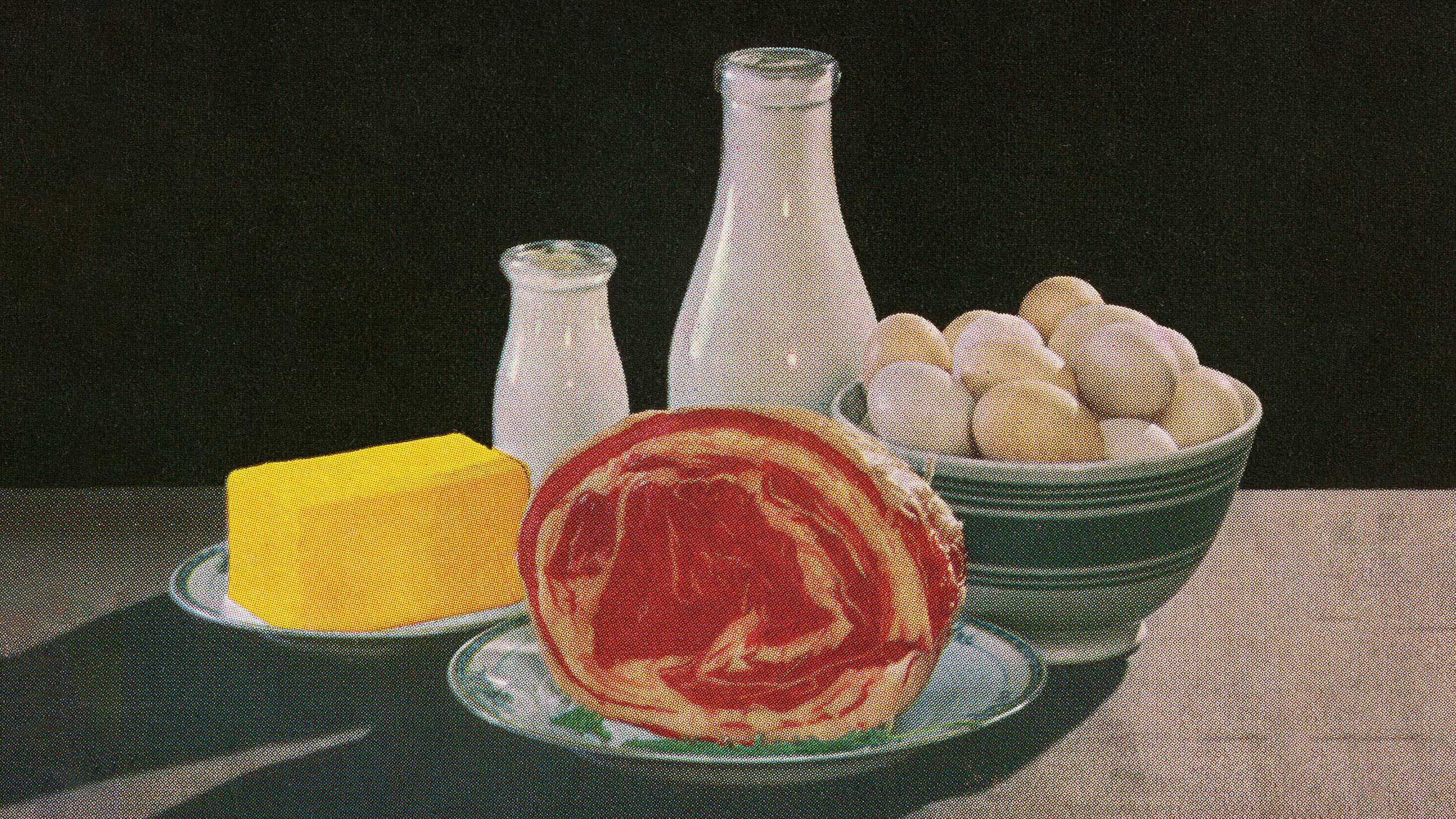 A table with a painting of protein-rich food.