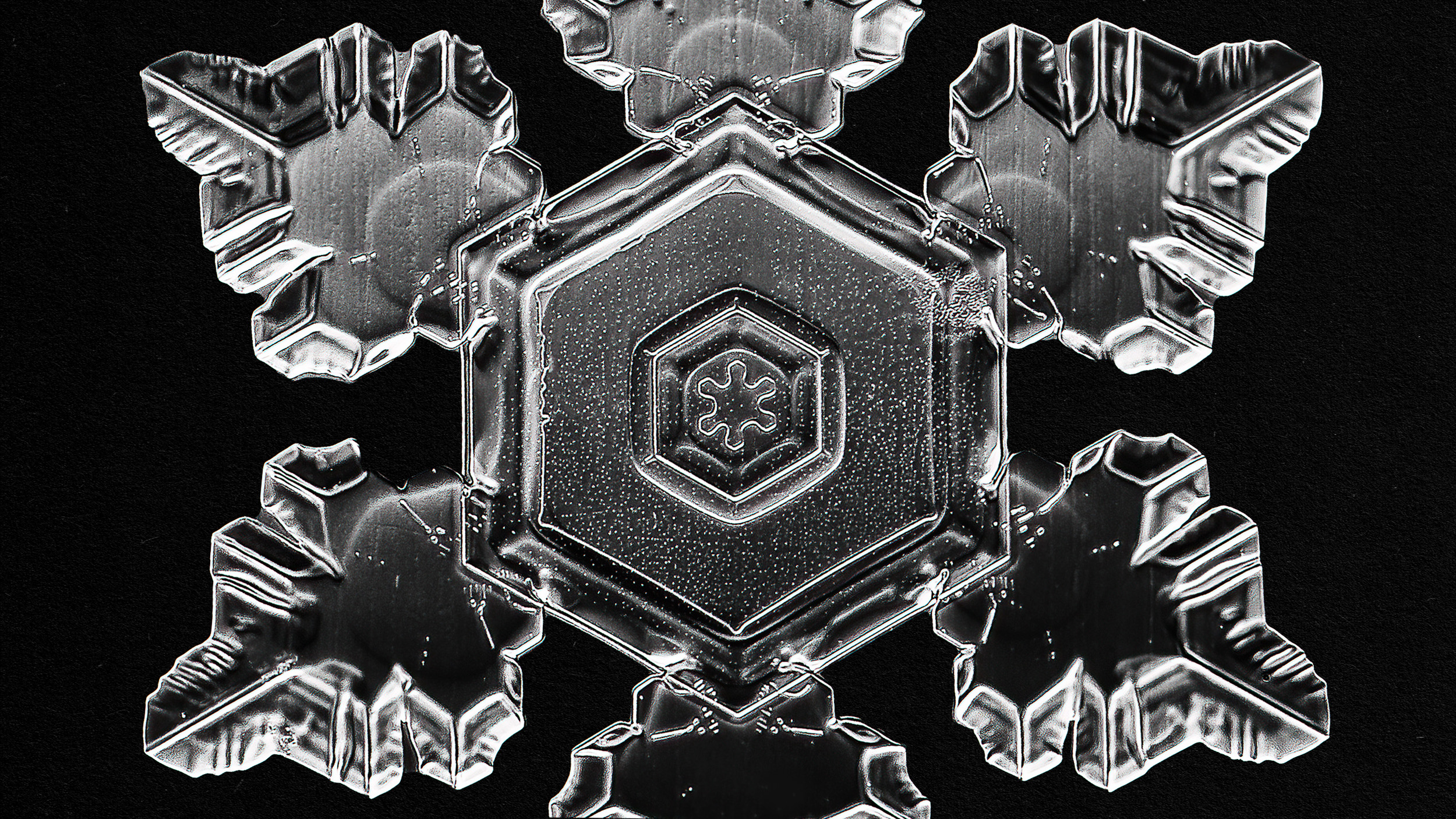 An image of a snowflake on a black background, showcasing its scientific intricacies and ethereal beauty.