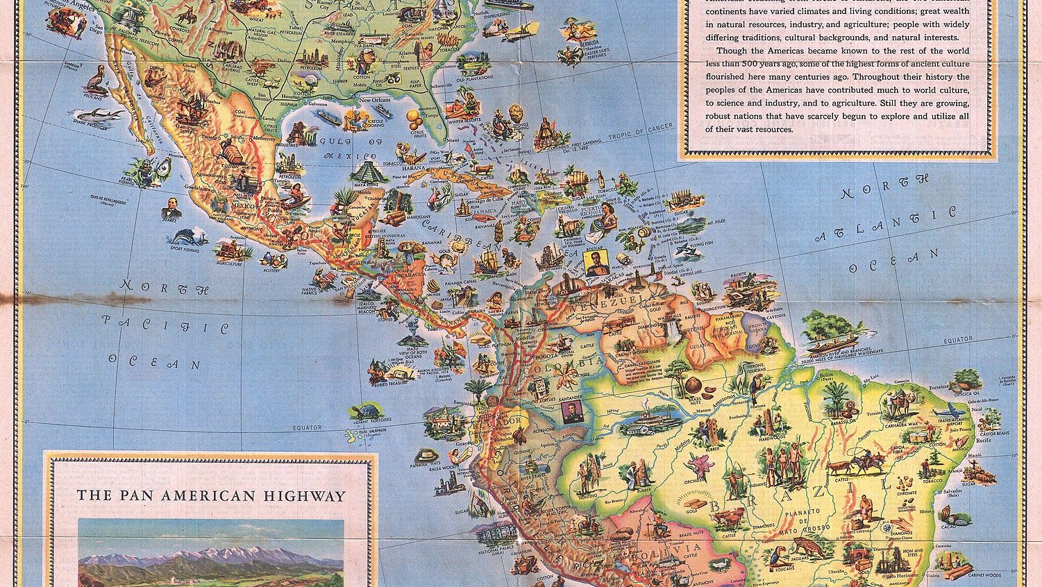 An old map displaying the Pan American Highway route through the Americas.