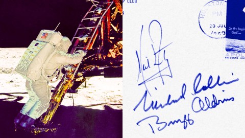 A photo of an astronaut on the moon and a signed letter from Apollo 11.