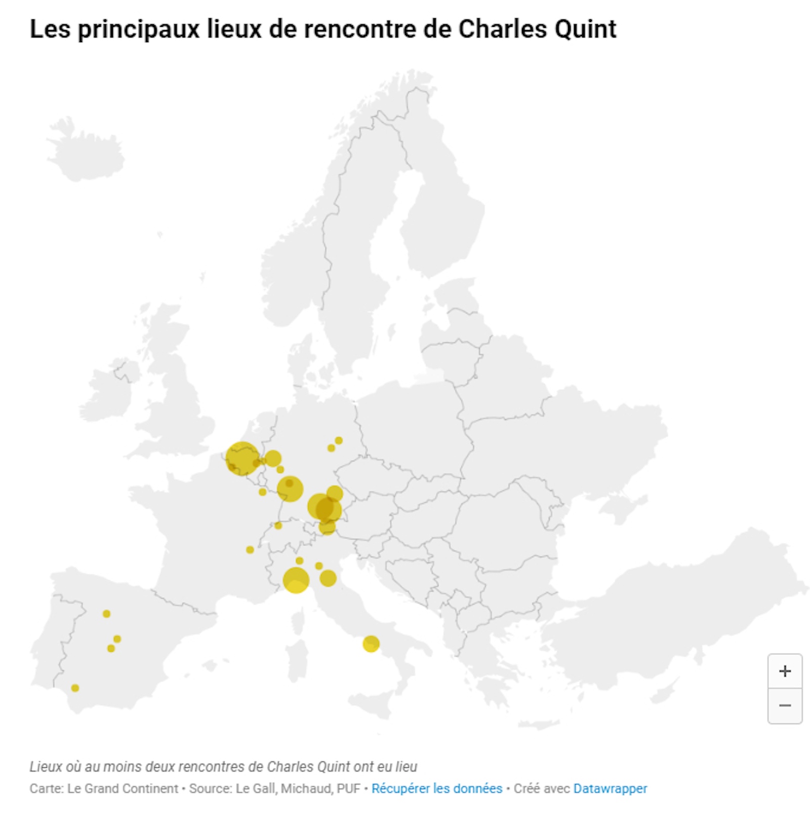 A map showing the locations of charles quint in europe.