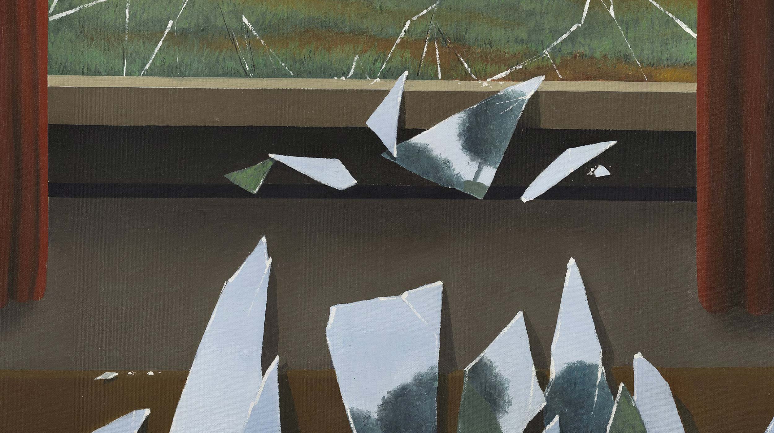 Large shards of broken glass lie on the floor in front of a window with cracked glass; red curtains frame the scene.