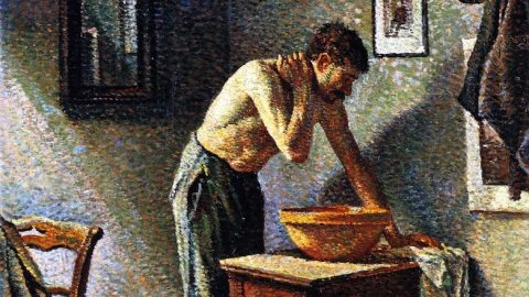 A painting of a man washing his hands.