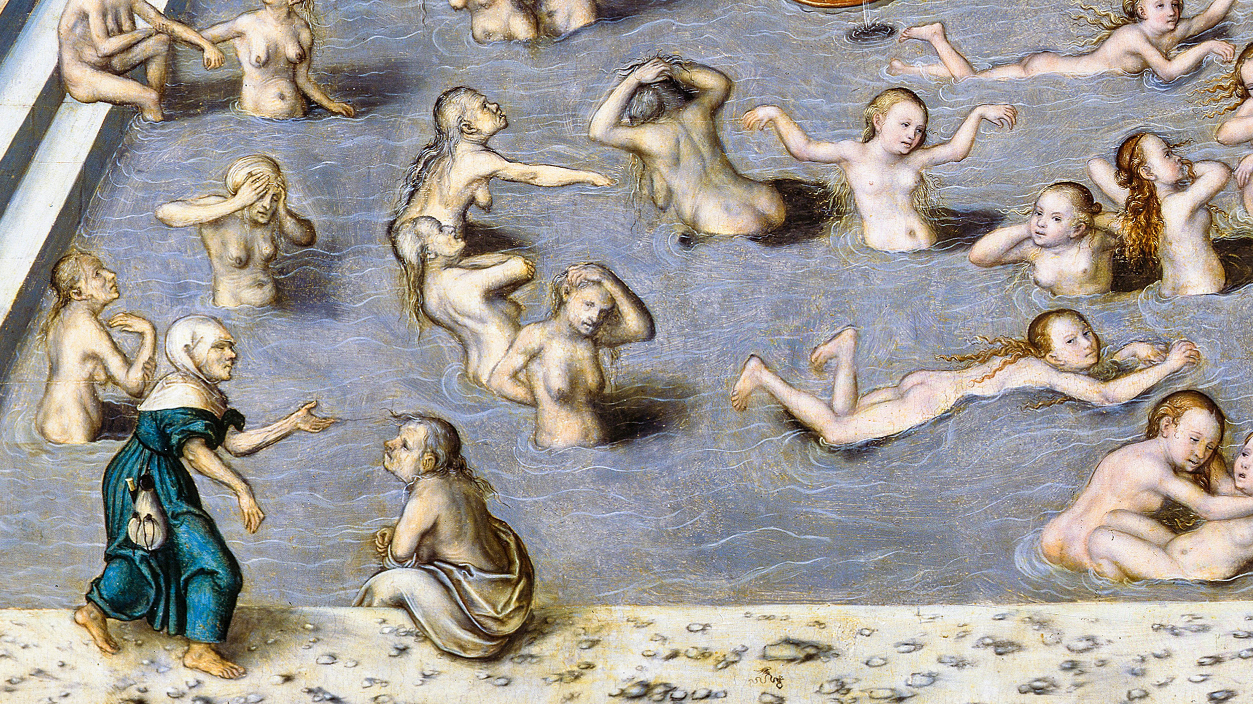 A painting exploring philosophical problems through a depiction of naked people in a pool.