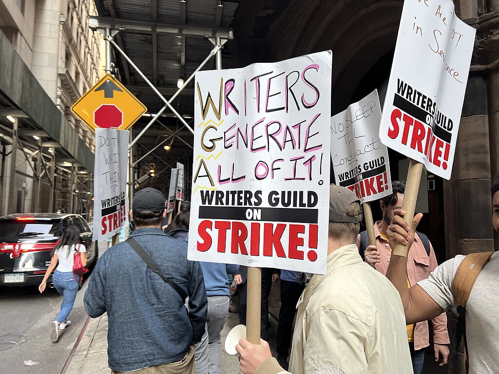 A group of people holding signs that say writers strike.