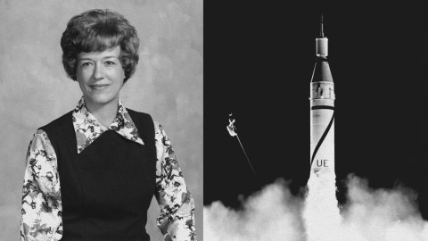 Keywords: Joyce Neighbors
Description: A black and white photo featuring Joyce Neighbors standing proudly next to a rocket.