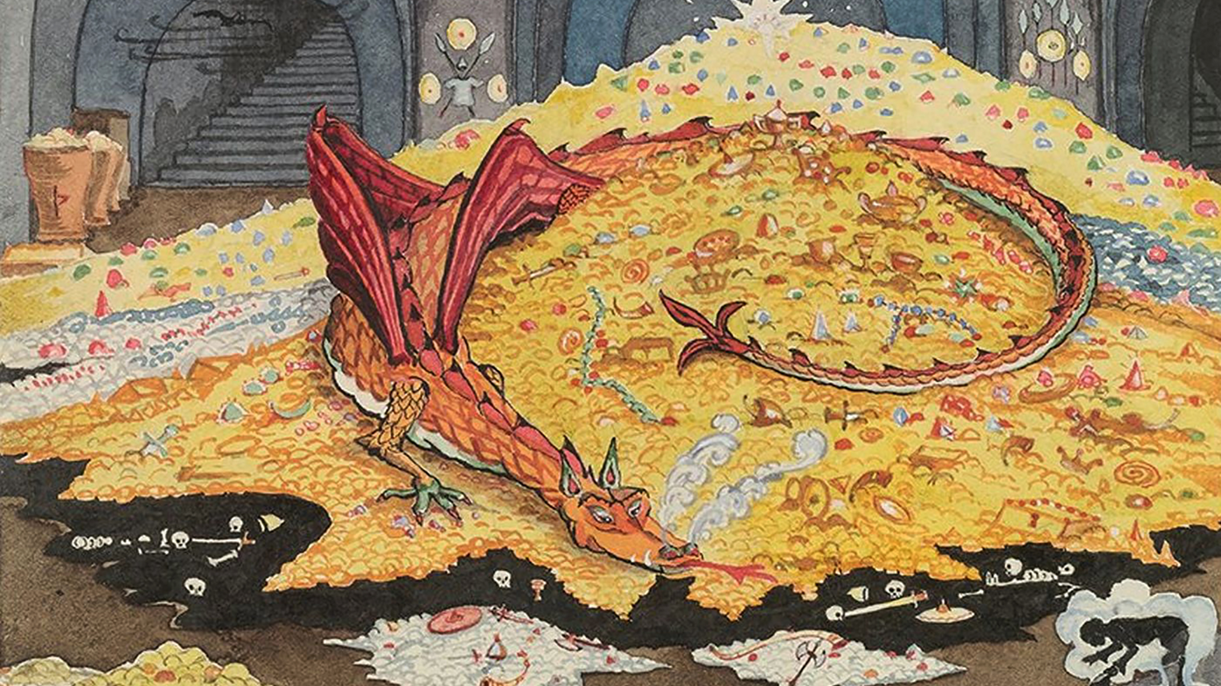 A drawing of a dragon on a pile of gold, symbolizing hope.