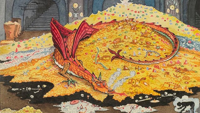 A drawing of a dragon on a pile of gold, symbolizing hope.