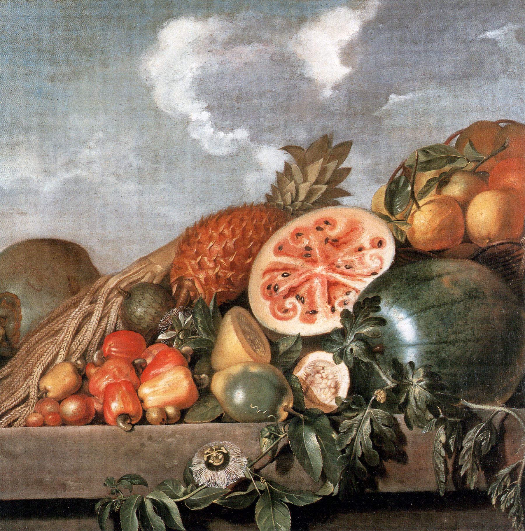 A vibrant Golden Age painting of fruits and vegetables elegantly adorning a table.