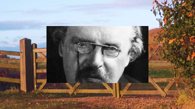 Photo of G.K. Chesterson superimposed on top of a photo of a wooden fence in the countryside.