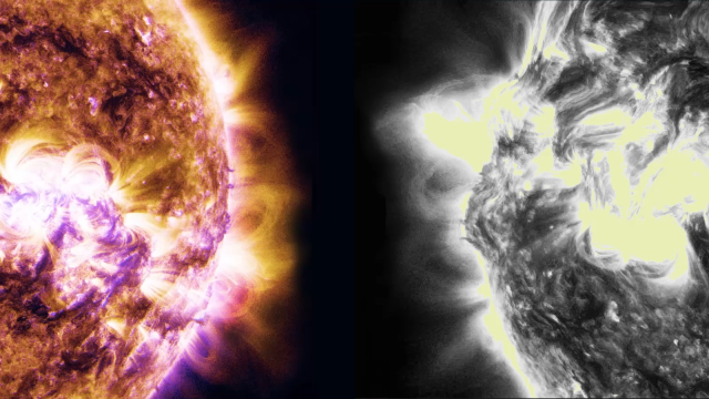 A composite image showing the sun in two different wavelengths of light, highlighting its dynamic surface, magnetic activity, and the first elements formed.