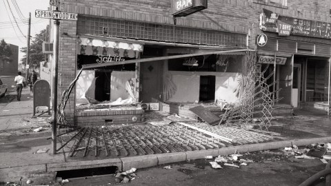 A black and white photo of a building that has been destroyed in New Jersey.