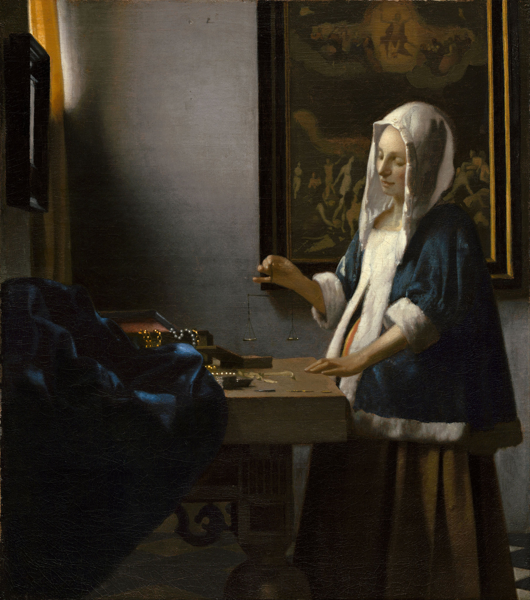 A painting of a woman holding a balance