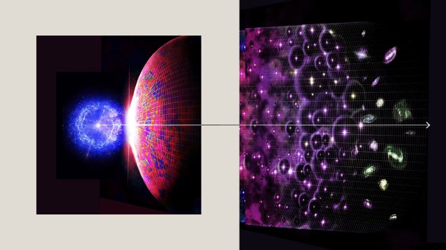 A graphical representation illustrating the concept of the big bang and the subsequent expansion of the universe, depicted by a transition from a singular point of energy to a wide, grid-like spread of galaxies and celestial elements