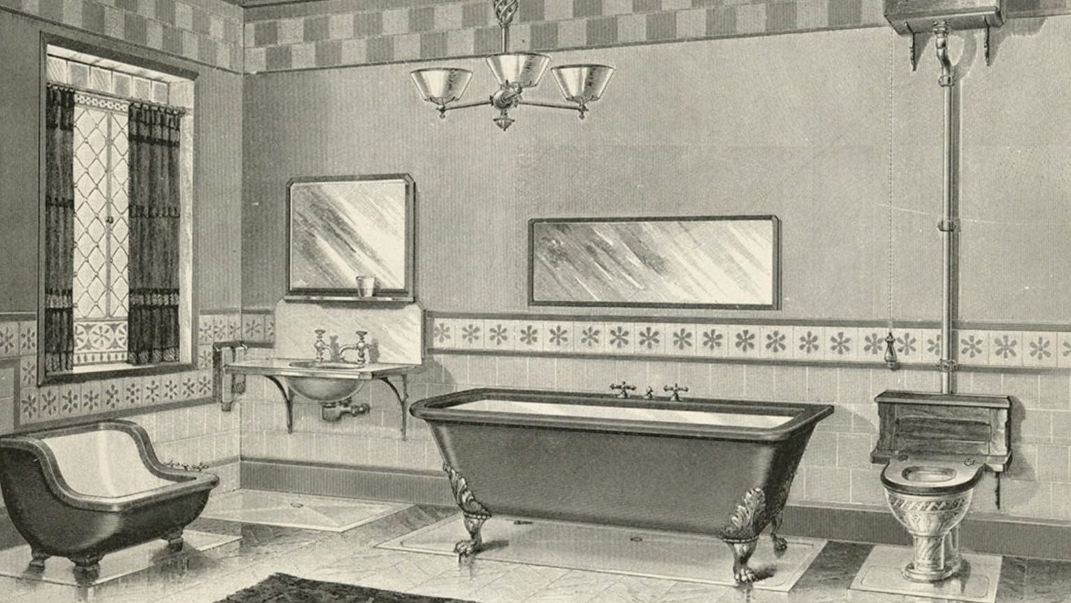 An old black and white photograph of a bathroom.