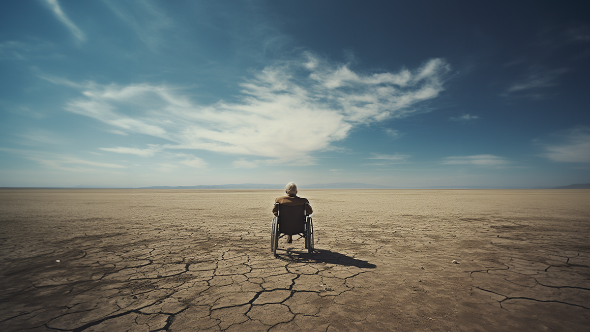 A person in a wheelchair exploring a vast desert landscape.