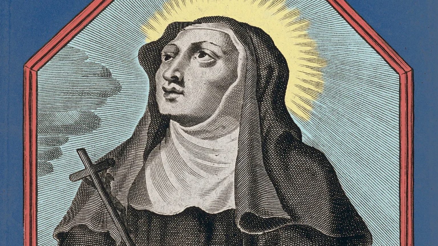 An old illustration of a nun holding a cross.