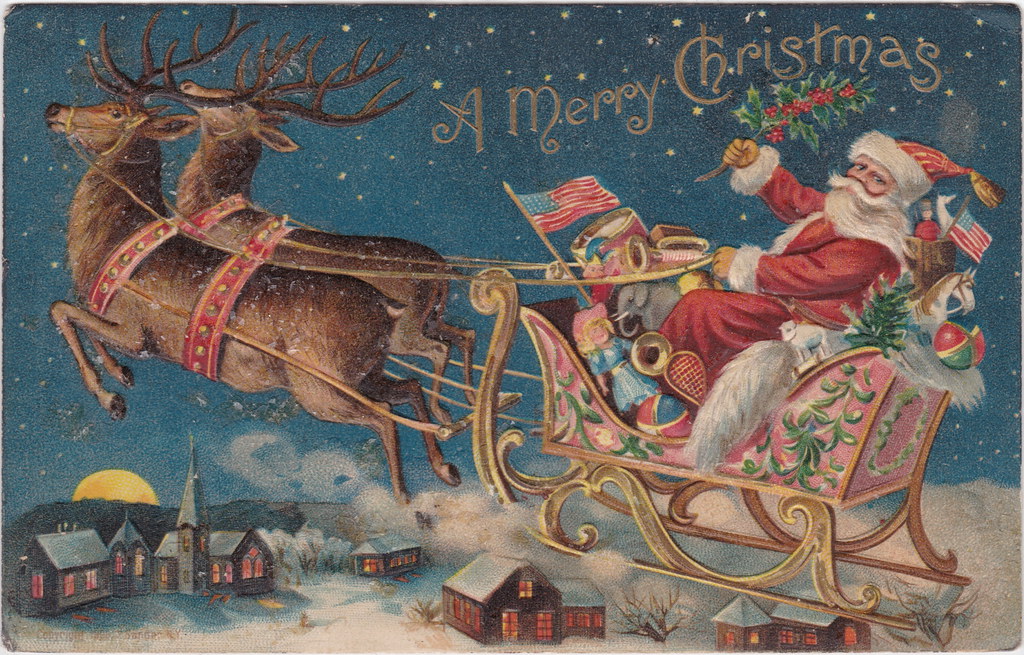 Santa Claus braving a hazard as he rides in a sleigh pulled by reindeer.