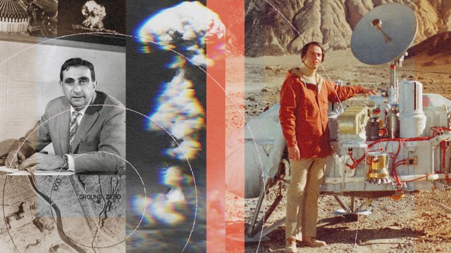 A collage of photos featuring Carl Sagan standing next to a spacecraft.