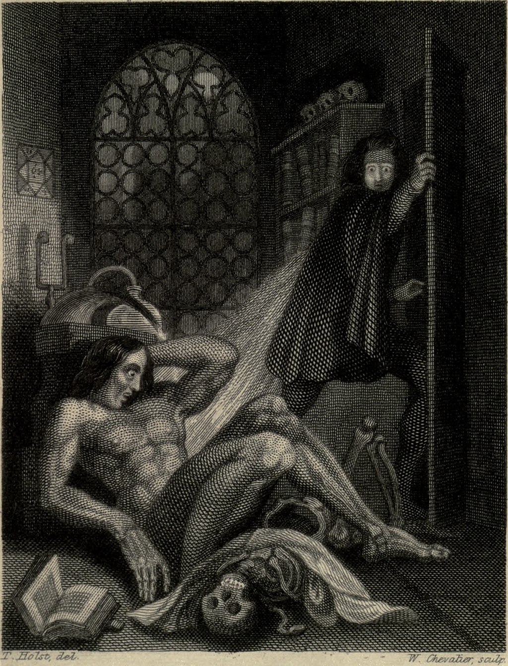 A black and white illustration of a man in a room with skeletons.