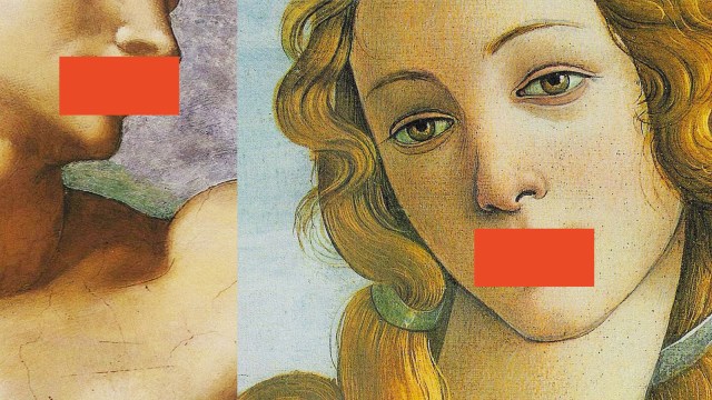 A collage of Adam from Michaelangelo's 'Creation of Adam' and Venus from Boticelli's 'The Birth of Venus' featuring red censor bars over the subjects' mouths.