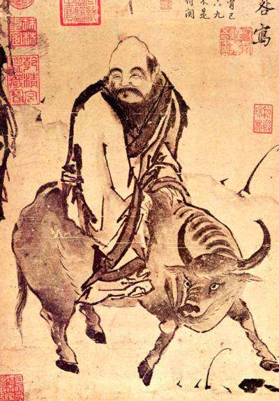 An asian painting of a man riding a bull.