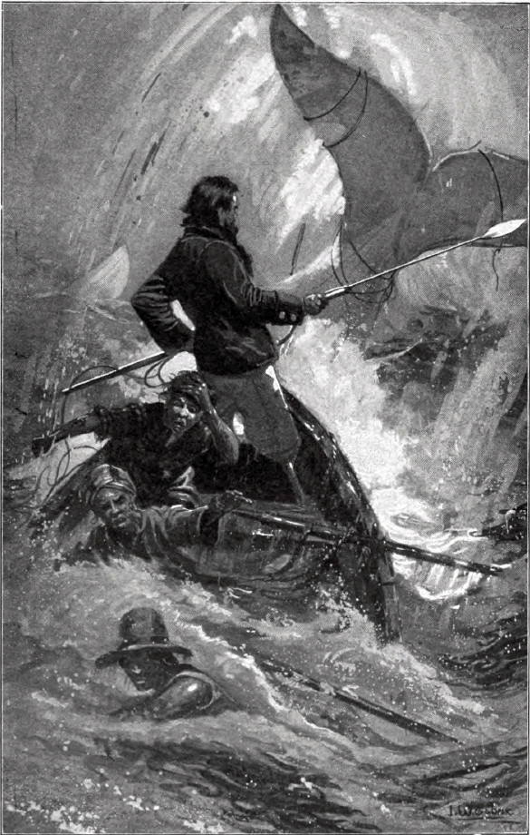 An old illustration of a man in a boat with a whale.