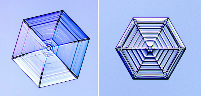 Two pictures of a blue and white geometric pattern reminiscent of ice skating.