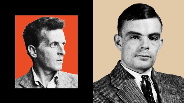 A headshot of Ludwig Wittgenstein on a bright orange background paired with a headshot of Alan Turing on a tan background.