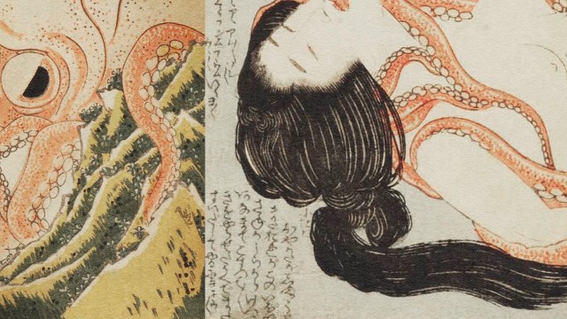 A woman and an octopus gracefully intertwined in a mesmerizing scene.
