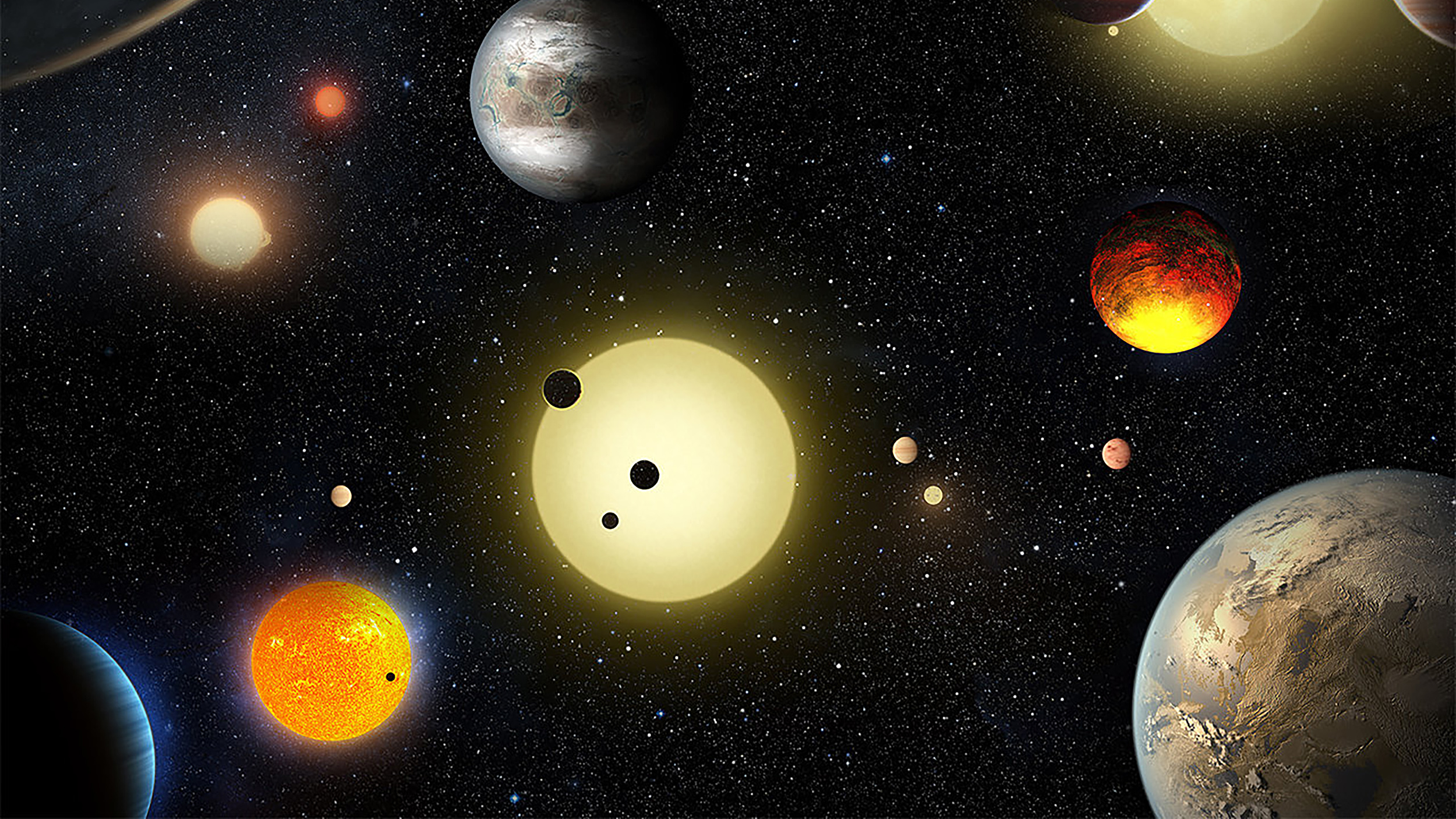 An artist's impression of a group of planets in space.