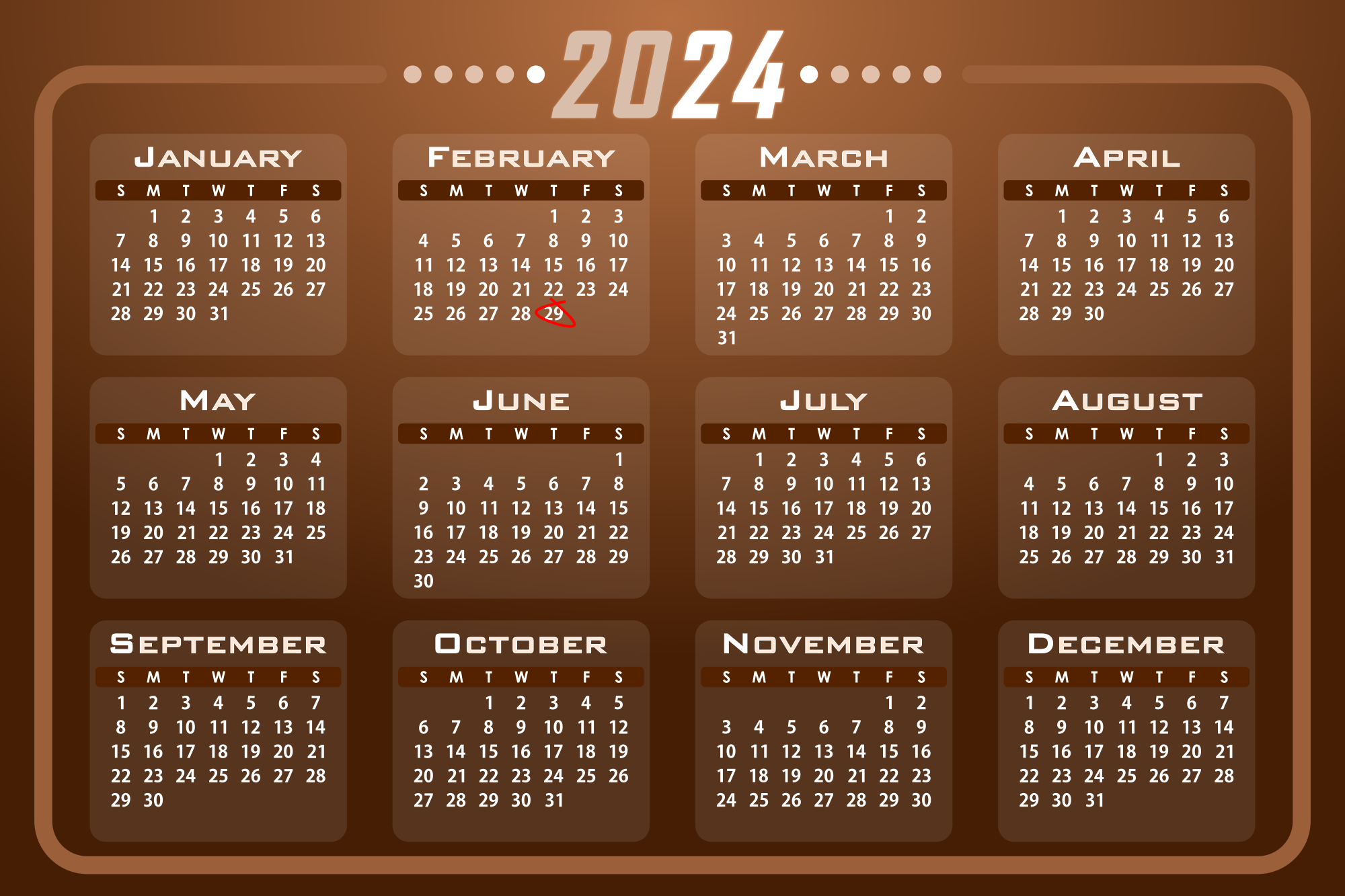 A 2024 calendar with a brown background and leap day circled