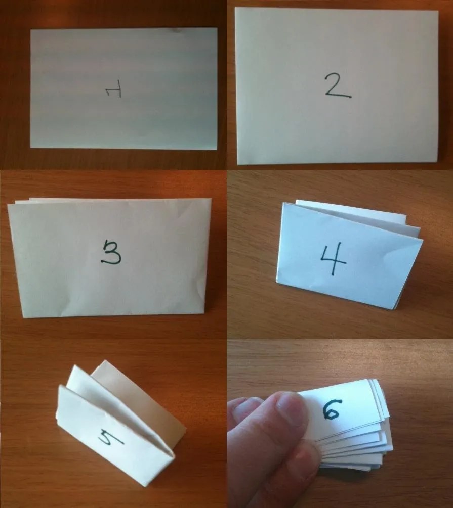 A series of pictures showing how to fold paper into a number card.