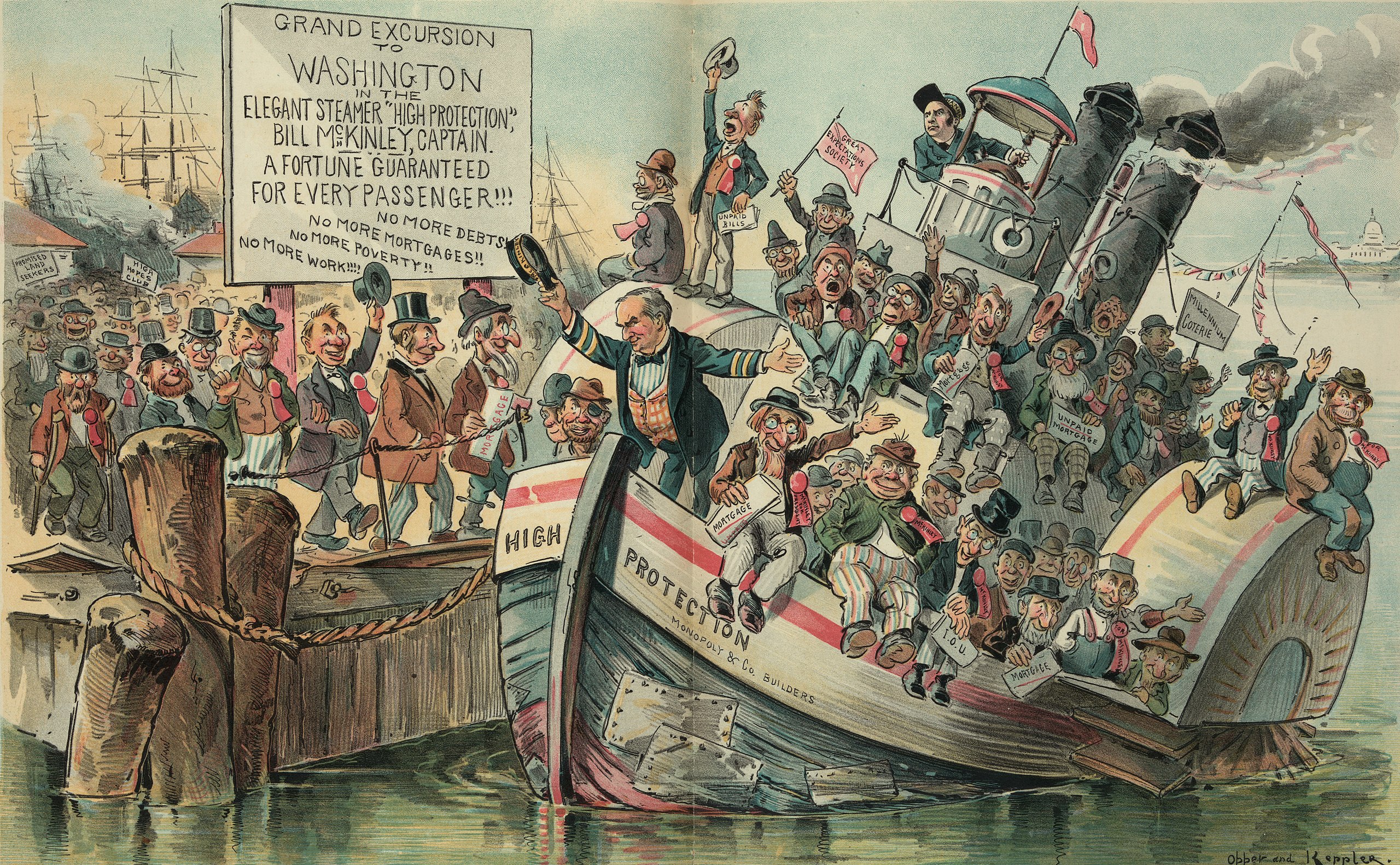 A cartoon depicting a boat engaged in free trade with people on board.