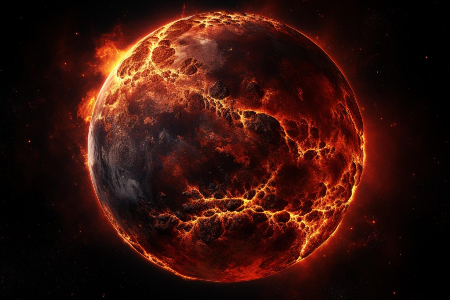 An image of a fiery planet in space, representing Earth changed.