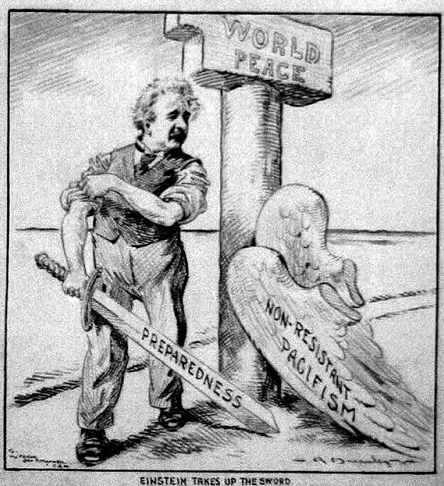 A cartoon showing a man holding a sword and a sign.