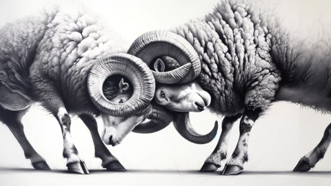 A black and white drawing of two rams fighting.
