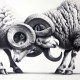 A black and white drawing of two rams fighting.