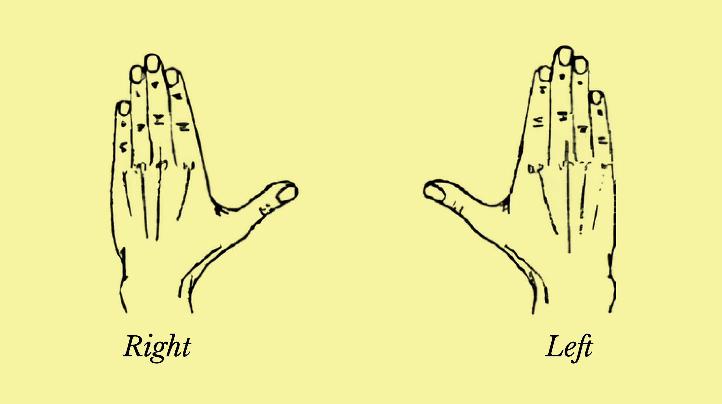 Line drawing of two hands, palms facing forward, labeled "Right" under the left hand and "Left" under the right hand on a yellow background.