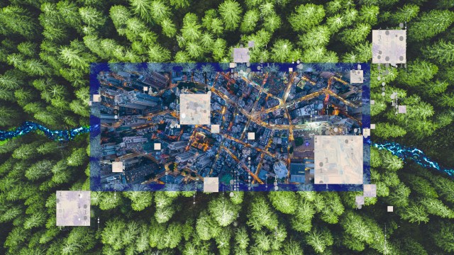 A forest overlaid with an image of a city