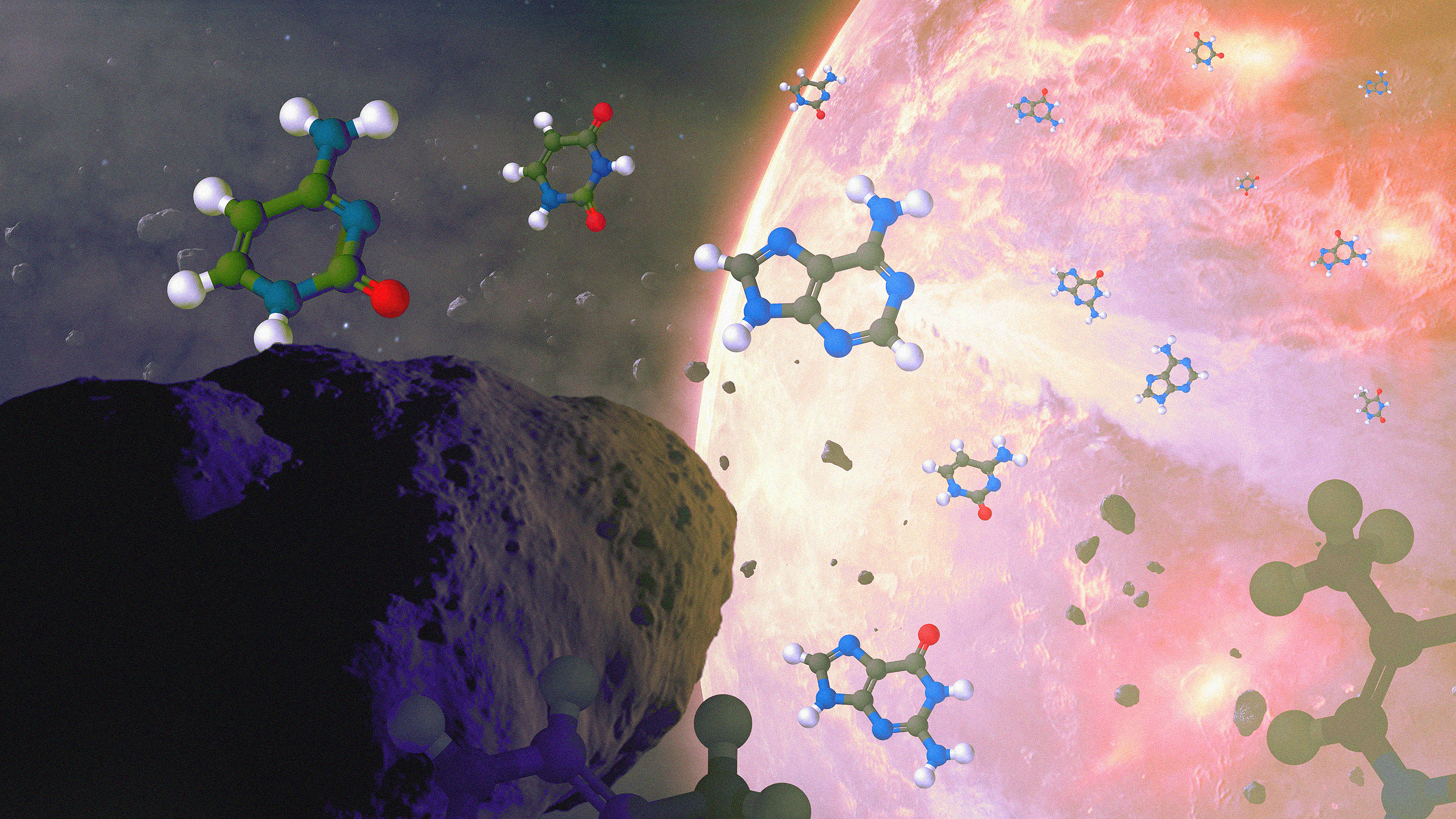 An artistic representation of possible first life in the form of organic molecules near a cosmic object with a stellar background.