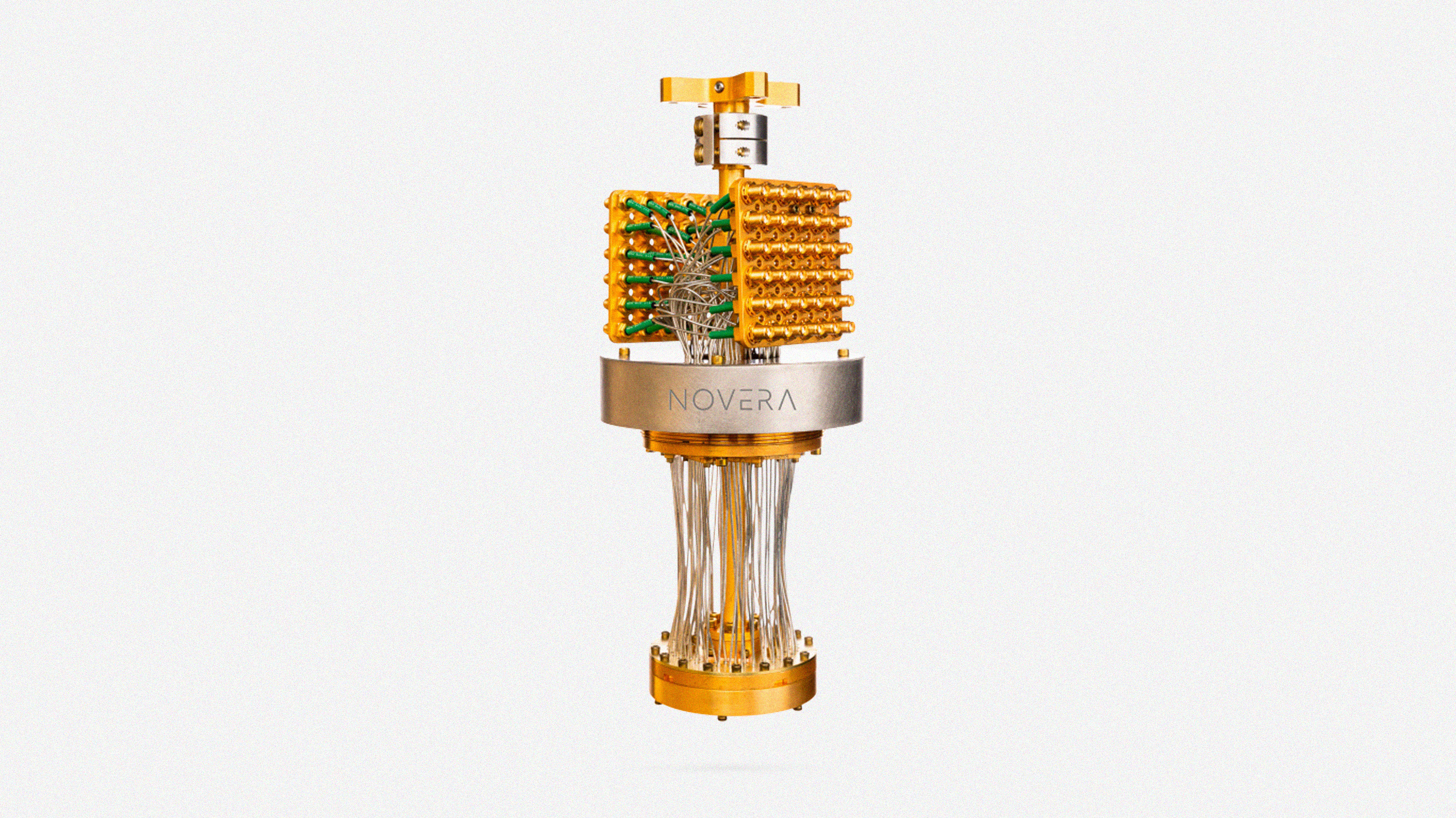 A gold cylinder with a yellow handle crafted for quantum computing.