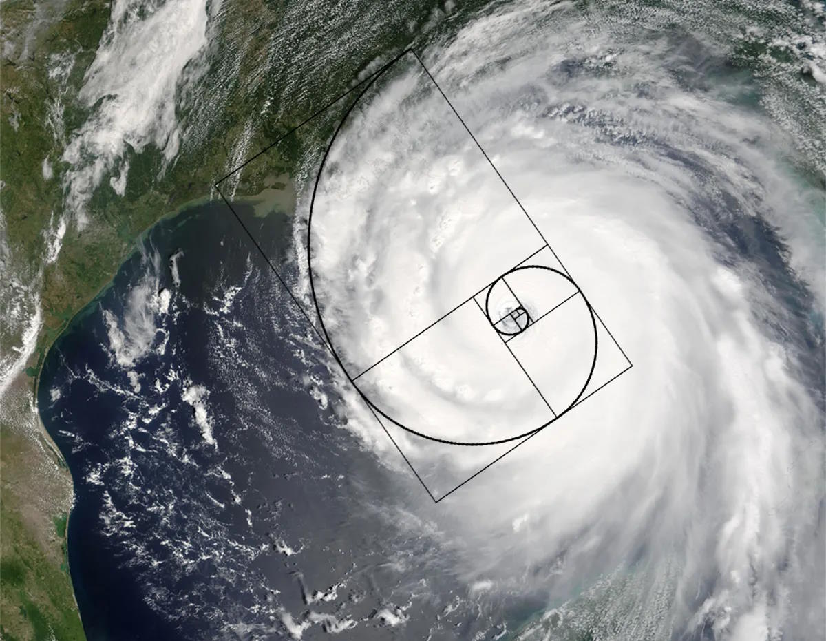 A satellite image shows a hurricane with a distinctive spiral pattern, showcasing the intricate beauty of nature's formations.