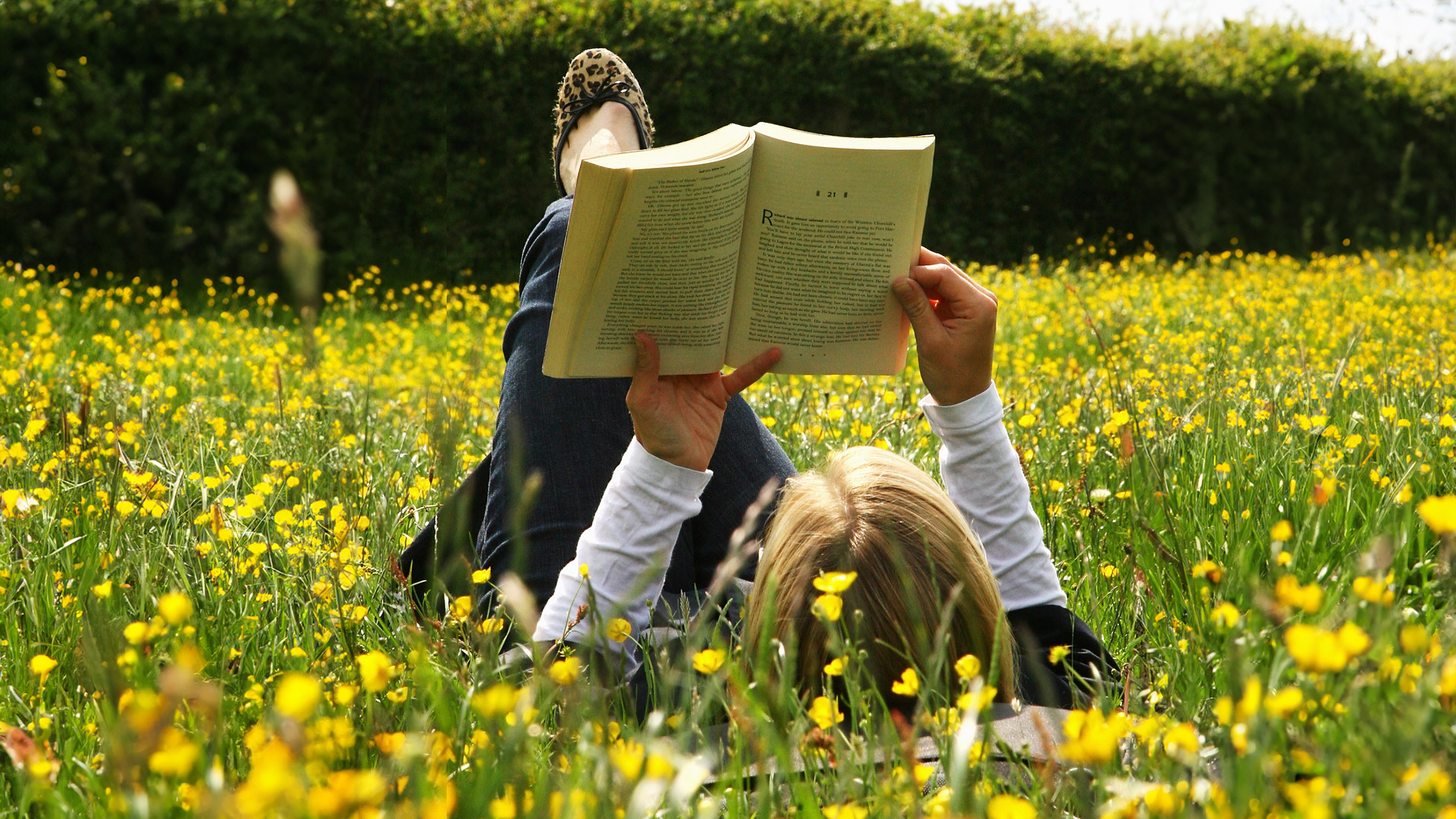 A woman in a field enjoying digital reading.