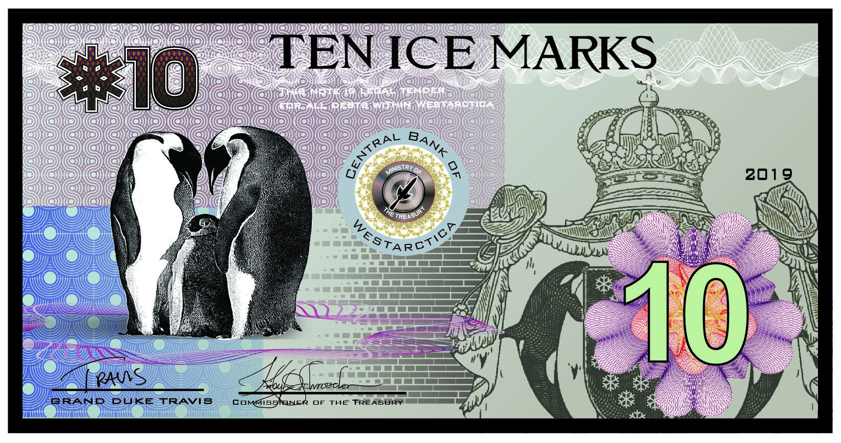 A ten dollar note with a penguin on it.