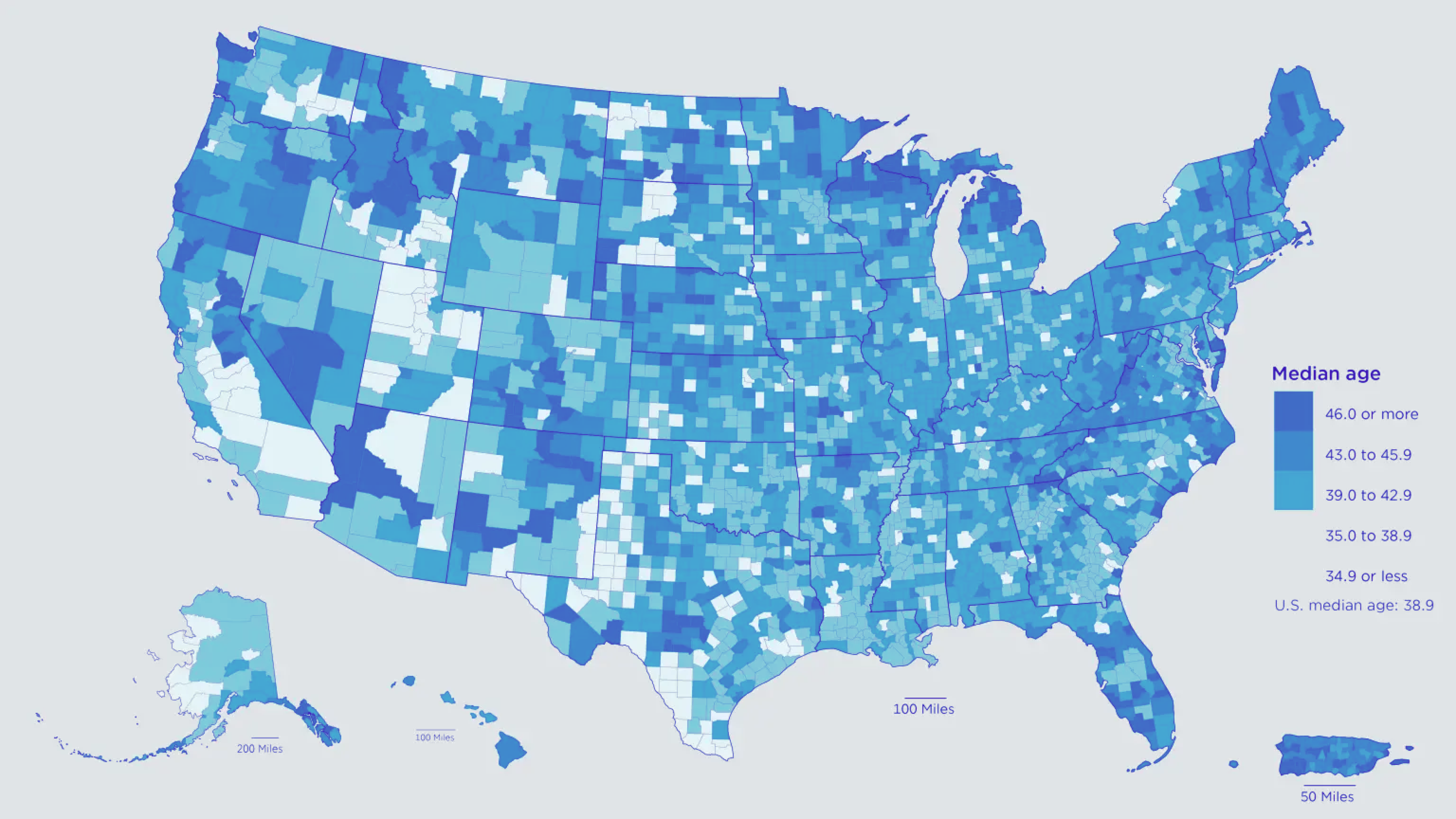 A choropleth map of the united states displaying median age by county with a color gradient from light to dark blue indicating increasing age ranges following a natural bell curve distribution.