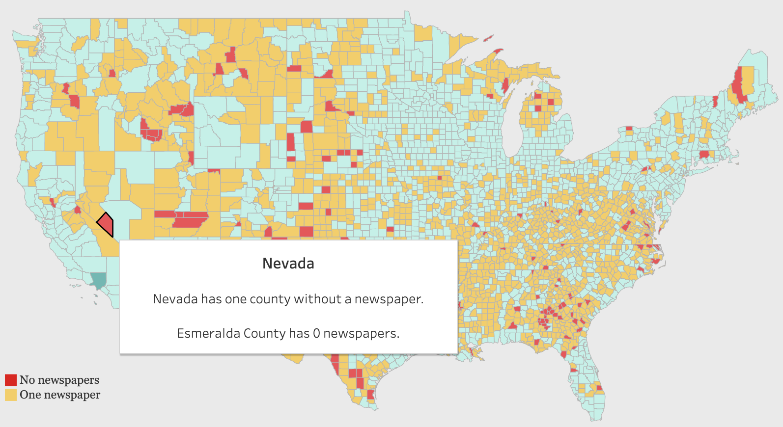 A map of the united states showing the number of news outlets.